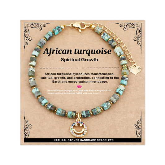 Natural Gemstone Healing Crystal African Turquoise Dainty Charms Happy face Bracelet Adjustable Chain Extender Minimalist Jewelry