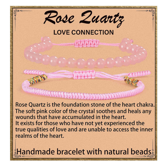 LPBeads 6mm Rose Quartz Bracelet with Handmade Rope Bracelet Size Adjustable Natural Stone Crystal Healing Bracelets Gifts for Unisex Adults