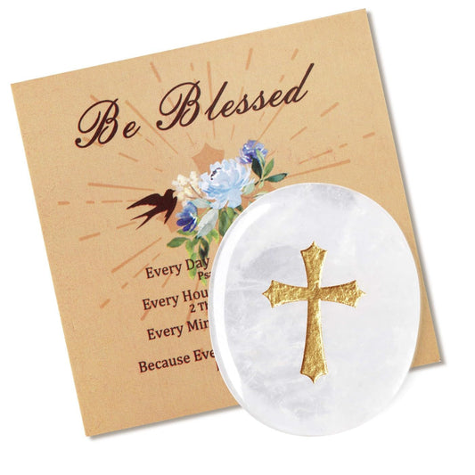 LAIDANLA Clear Quartz Cross Engraved Healing Crystal Worry Stones for Pray Faith Anxiety Relief Oval Palm Stone Polished Natural Crystal Gifts