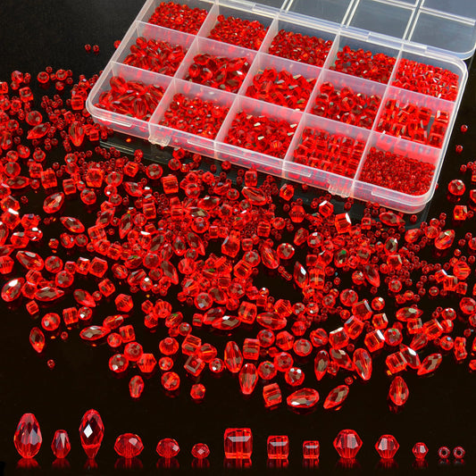 Laopottbeads 1500 Pcs Crystal Glass Beads for Jewelry Making – 12 Styles Bicone, Rondelle, Cube, Teardrop & 3mm Spacer Beads, DIY Bracelet Necklace Earring Craft Kit with Organizer Box(Red)