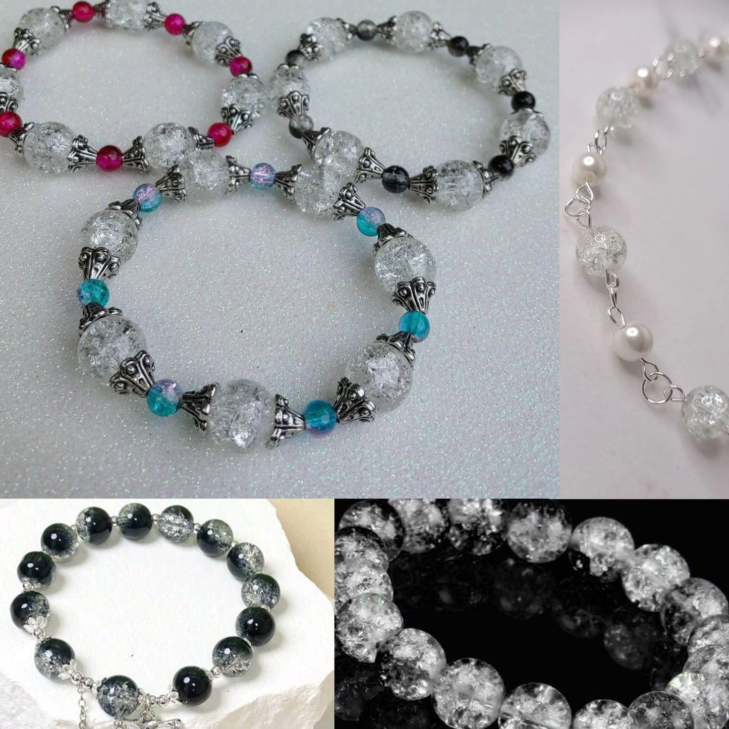 CRZSEELL 300pcs Crackle Glass Beads, 6mm Black and White Crystal Round Beads for Jewelry Making, Loose Bulk Crafts Bead for Earrings Necklaces Bracelets