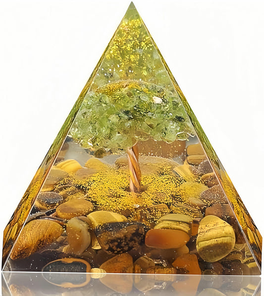 EternalOrgone Tree of Life Orgone Pyramid for Positive Energy, Orgonite Peridot&Tiger Eye Healing Crystal Pyramids for Reduce Stress Chakra Reiki Healing Meditation Attracts Lucky and Success