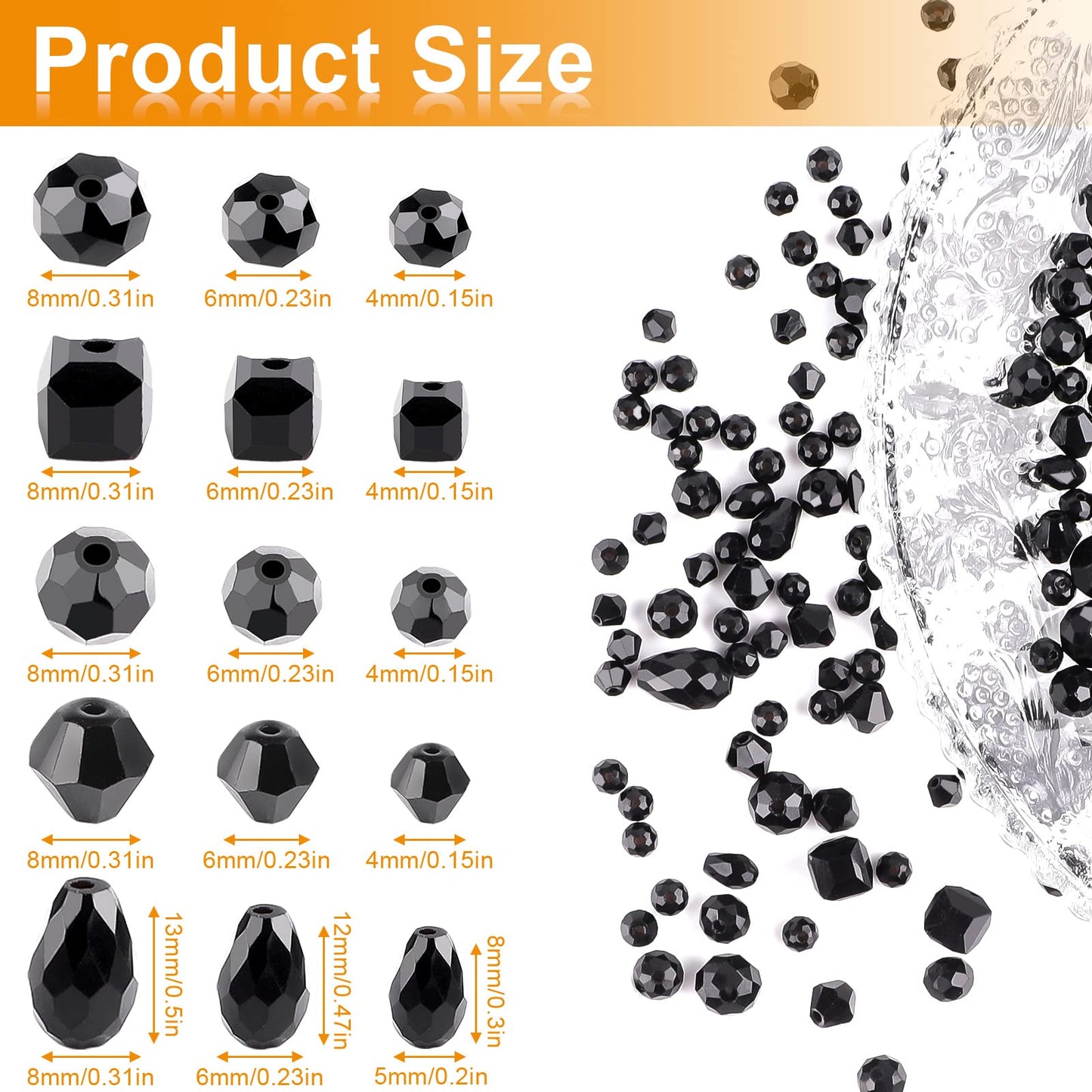 Crystal Beads, 600pc Rondelle Jewelry Glass Beads Bulk, Assorted; 4/6/8mm Black