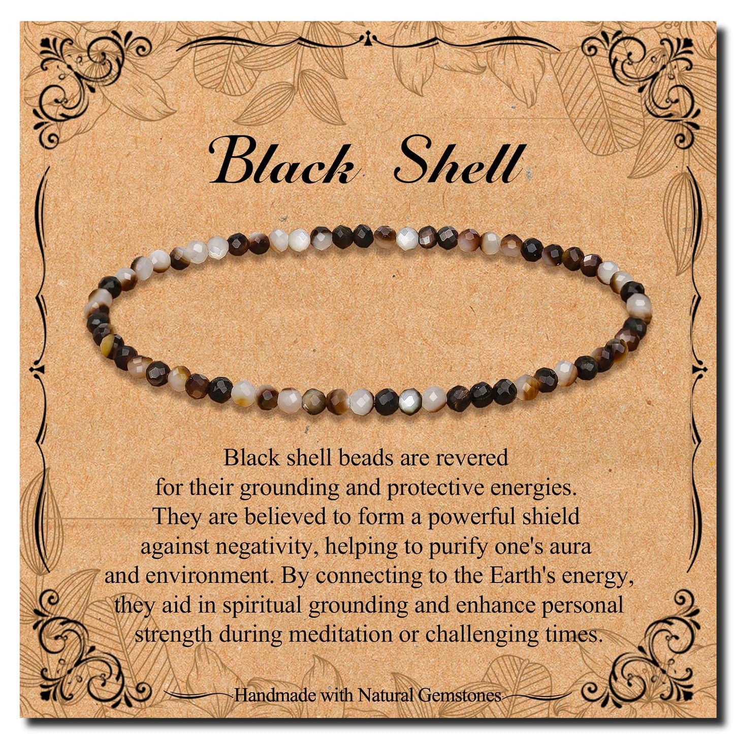 BONNY BOXX Natural Genuine Gemstone Faceted Round Beads Bracelet, 3mm Adjustable Stretchy Tiny Faceted Black Shell, Healing Crystal Reiki Chakra Dainty Jewelry Fashion Gifts