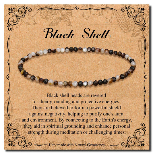 BONNY BOXX Natural Genuine Gemstone Faceted Round Beads Bracelet, 3mm Adjustable Stretchy Tiny Faceted Black Shell, Healing Crystal Reiki Chakra Dainty Jewelry Fashion Gifts