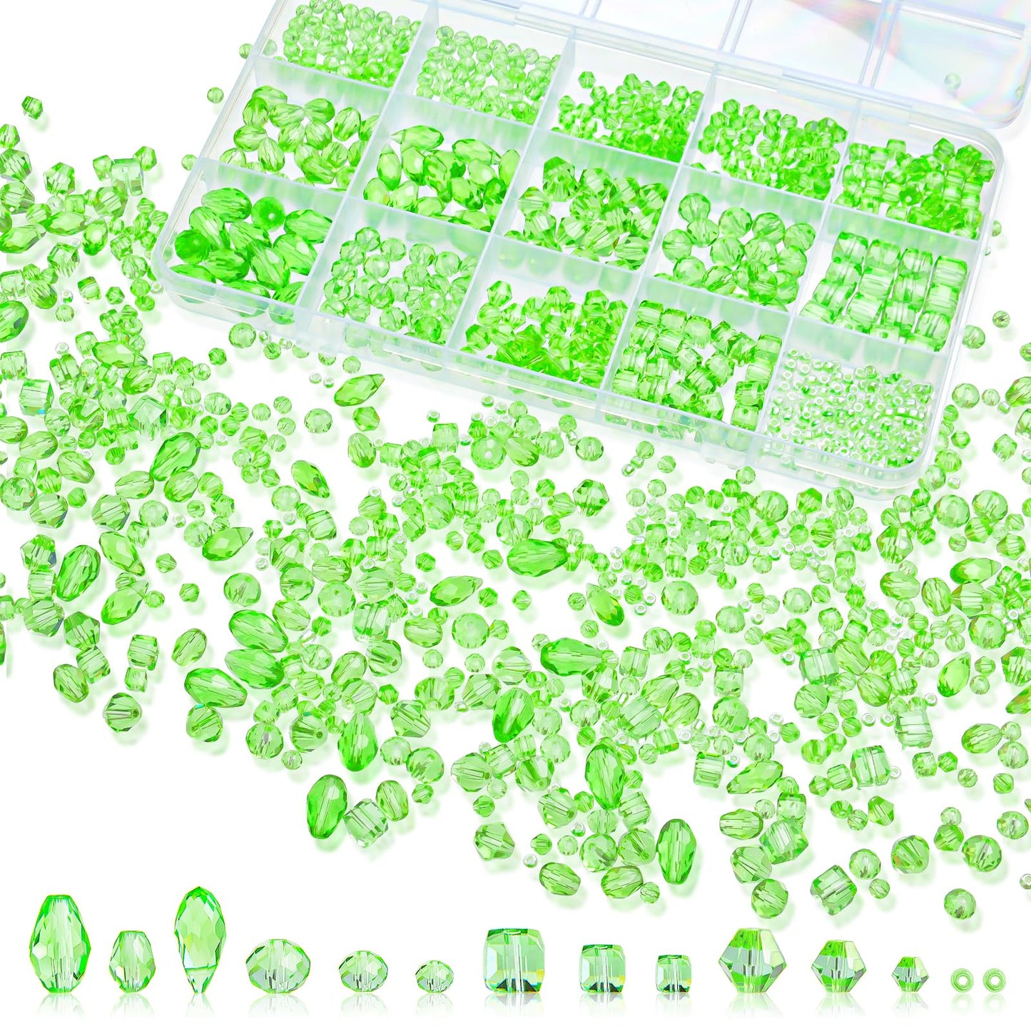 Laopottbeads 1500 Pcs Crystal Glass Beads for Jewelry Making – 12 Styles Bicone, Rondelle, Cube, Teardrop & 3mm Spacer Beads, DIY Bracelet Necklace Earring Craft Kit with Organizer Box(Green)