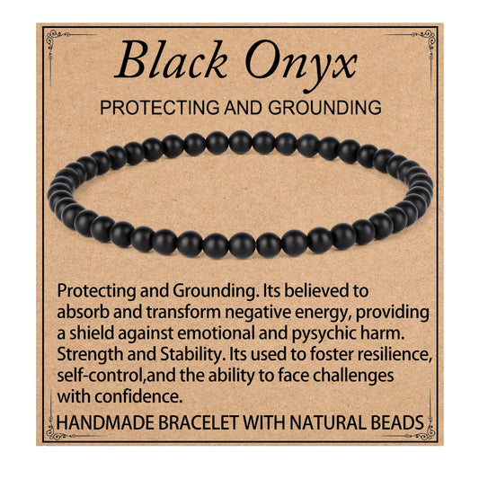 LPBeads Handmade Natural Gemstone Stretch Elastic 4mm Matte Black Onyx Bracelet Healing Crystal Round Stone Beads Jewelry Gifts for Women Men