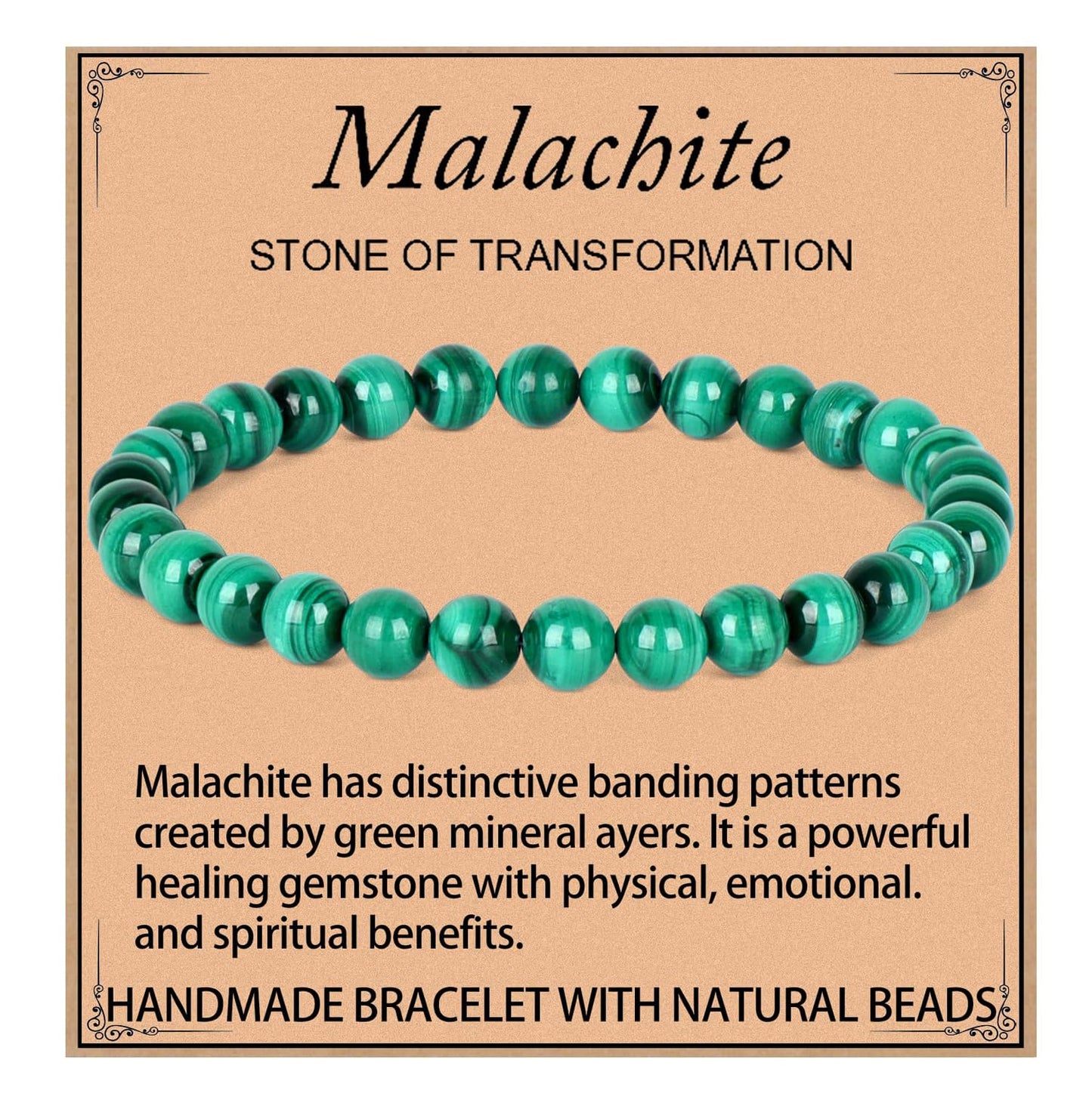 LPBeads Handmade Natural Gemstone Stretch Elastic 6mm Malachite Bracelet Healing Crystal Round Stone Beads Jewelry Gifts for Women Men