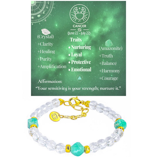 Ayriwoyi Cancer Zodiac Bracelet White Crystal Amazonite Stone Beaded Bracelet Adjustable Horoscope Inspirational Jewelry Gift for Women