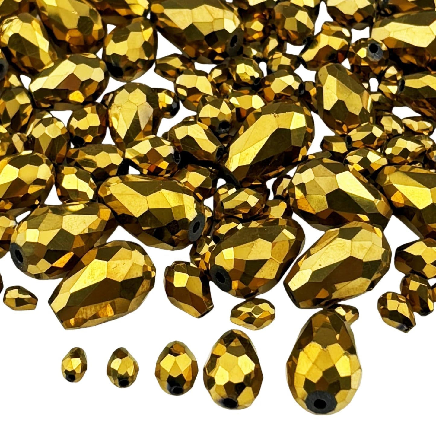 Xinhongo 340pcs Teardrop Crystal Glass Beads 3x5mm 4x6mm 6x8mm 8x12mm 10x15mm Vertical Hole Faceted Glass Spacer Beads for Necklace Bracelet Earrings DIY Jewelry Crafts(Gold)
