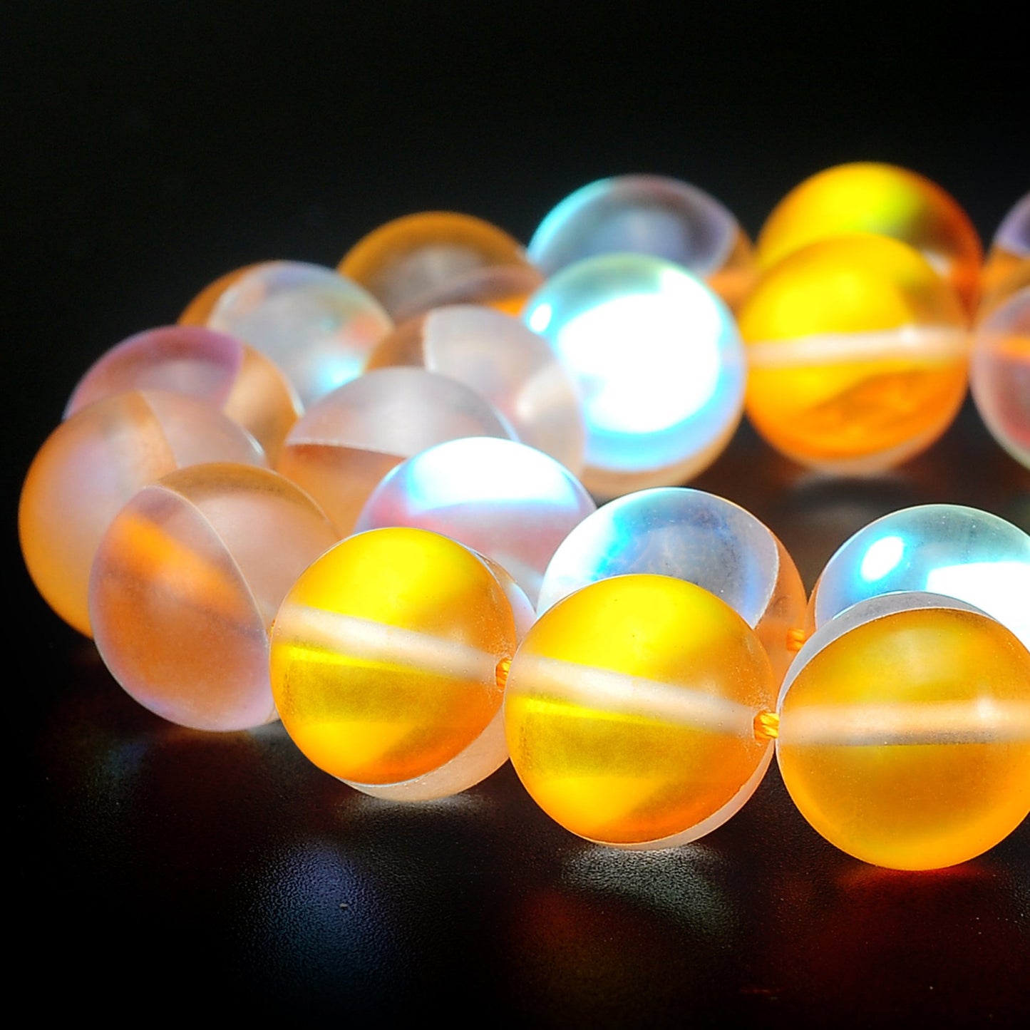 RUBYCA 8mm Round Moonstone Matte Crystal Glass Beads Aura for Jewelry Making Gold, 1 Strand