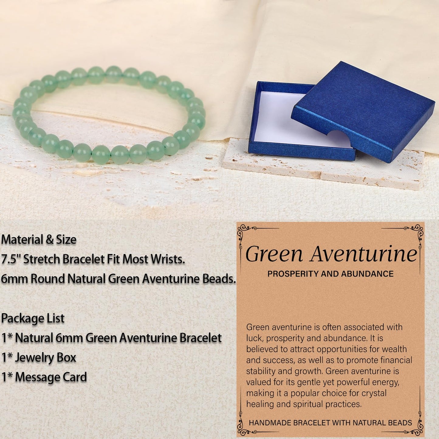 LPBeads Handmade Natural Gemstone Stretch Elastic 6mm Green Aventurine Bracelet Healing Crystal Round Stone Beads Jewelry Gifts for Women Men