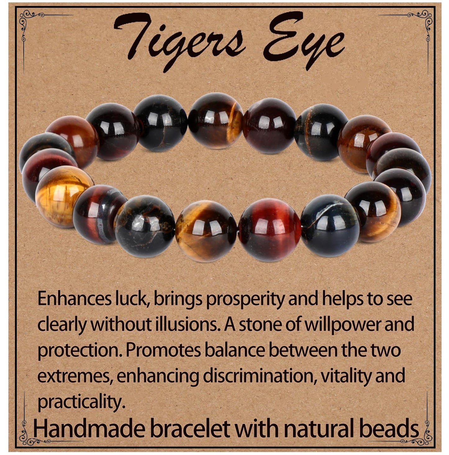 LPBeads Handmade Natural Gemstone Stretch Elastic 10mm Multicolor Tiger's Eye Bracelet Healing Crystal Round Stone Beads Jewelry Gifts for Women Men