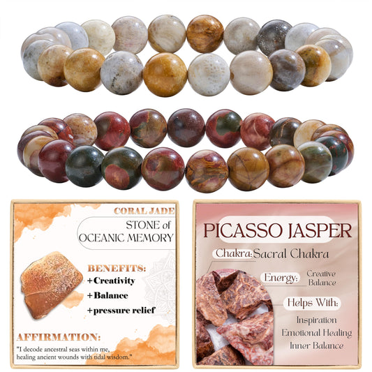 Bivei 2-Piece 8mm Beaded Bracelets for Women – Coral Jade, Picasso Jasper – Handmade Natural Crystal Stretch Elastic Jewelry for Meditation, Yoga, Protection Gifts