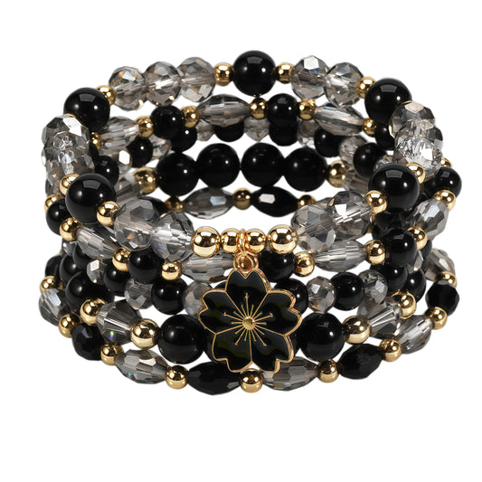 LOTSOF Boho Flower Beaded Bracelet Set for Women - Multilayer Crystal & Flower Charm Stackable Bracelets, Fashion Jewelry Gift for Her (Black)