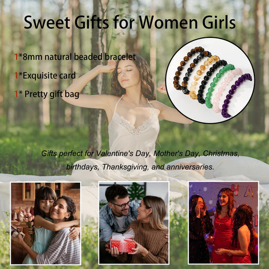 Gnamy Bracelet Gifts for Women, Triple Protection Healing Crystal Beaded Bracelets Hematite Black Tourmaline Tigers Eye Natural Worry Stones Anxiety Healing Birthday Easter Basket Stuffers Jewelry Presents for Her Adults Mom