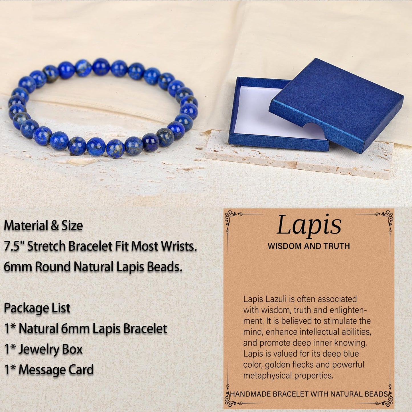 LPBeads Handmade Natural Gemstone Stretch Elastic 6mm Lapis Lazuli Bracelet Healing Crystal Round Stone Beads Jewelry Gifts for Women Men