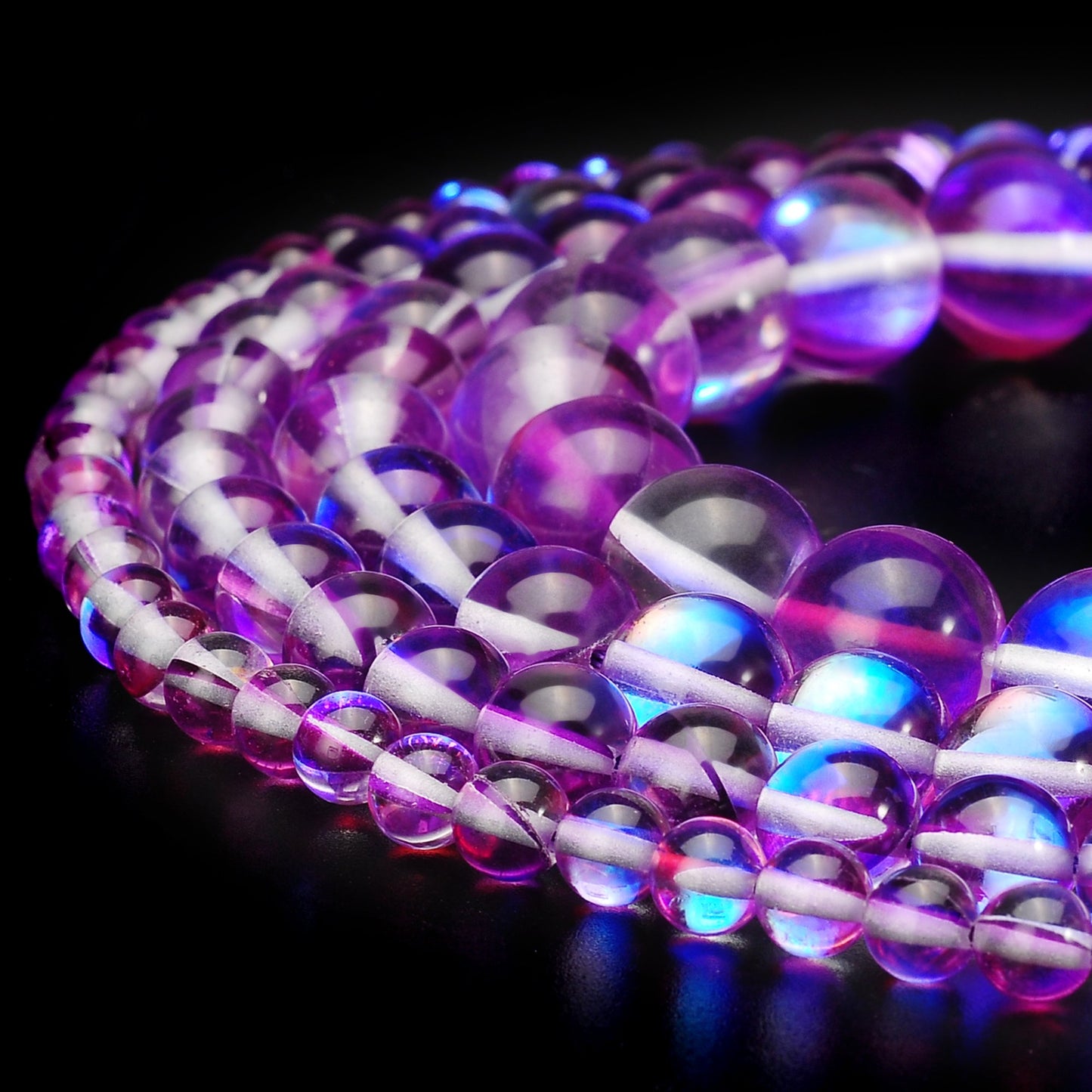 RUBYCA Round Moonstone Crystal Glass Beads Aura Iridescent for Jewelry Making (1 Strand, 10mm, Purple)