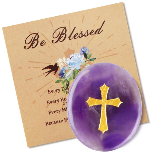 LAIDANLA Amethyst Cross Engraved Healing Crystal Worry Stones for Pray Faith Anxiety Relief Oval Palm Stone Polished Natural Crystal Gifts