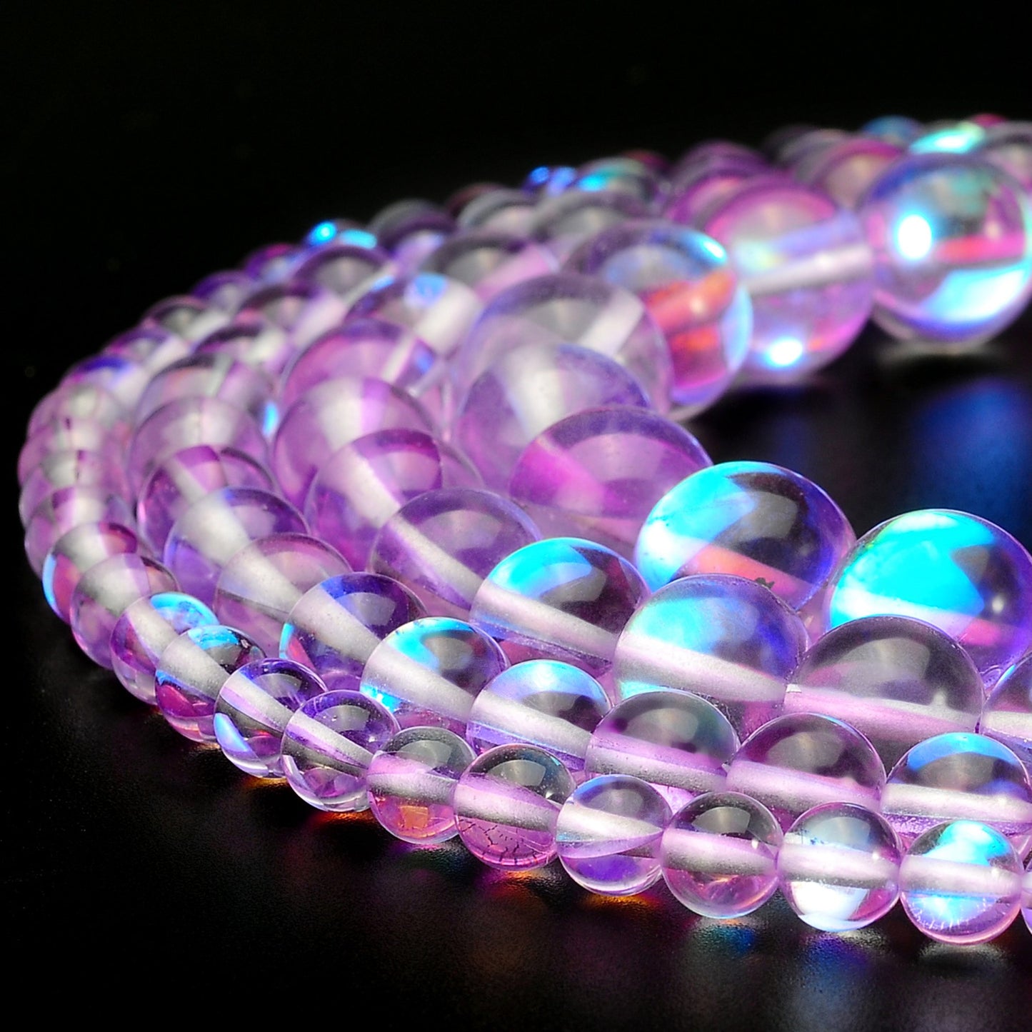 RUBYCA Round Moonstone Crystal Glass Beads Aura Iridescent for Jewelry Making (1 Strand, 8mm, Purple)