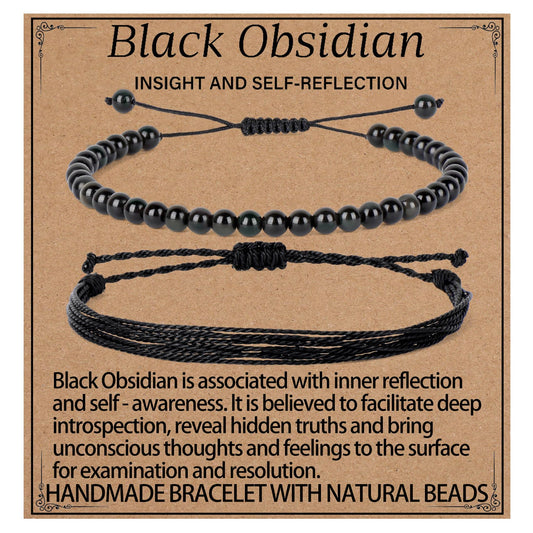 LPBeads 4mm Black Obsidian Bracelet with Handmade Rope Bracelet Size Adjustable Natural Stone Crystal Healing Bracelets Gifts for Unisex Adults