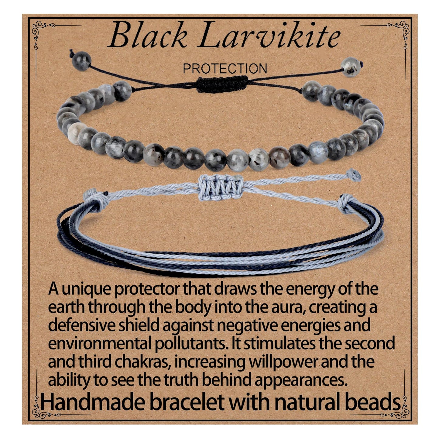 LPBeads 4mm Larvikite Bracelet with Handmade Rope Bracelet Size Adjustable Natural Stone Crystal Healing Bracelets Gifts for Unisex Adults