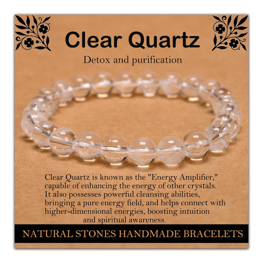 Handmade Natural Gemstone Elastic Bracelet - Healing Crystal Beads Jewelry, Unisex (Clear Quartz, 8mm)