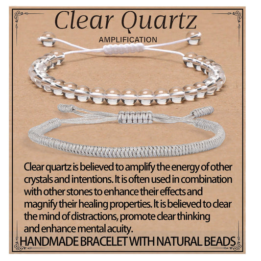 LPBeads 6mm Clear Quartz Bracelet with Handmade Rope Bracelet Size Adjustable Natural Stone Crystal Healing Bracelets Gifts for Unisex Adults