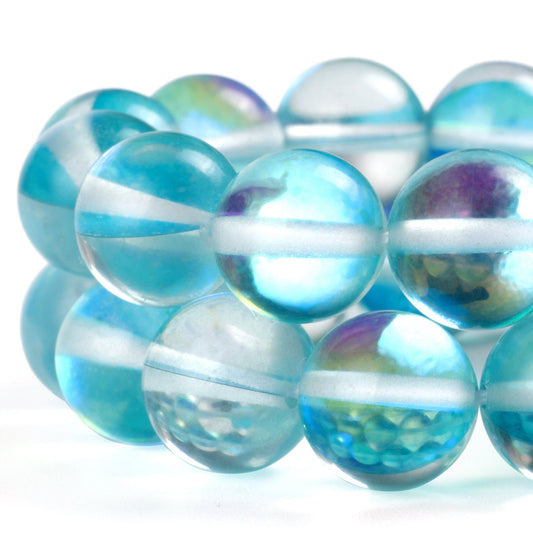 RUBYCA Round Moonstone Crystal Glass Beads Aura Iridescent for Jewelry Making (1 Strand, 6mm, Blue)