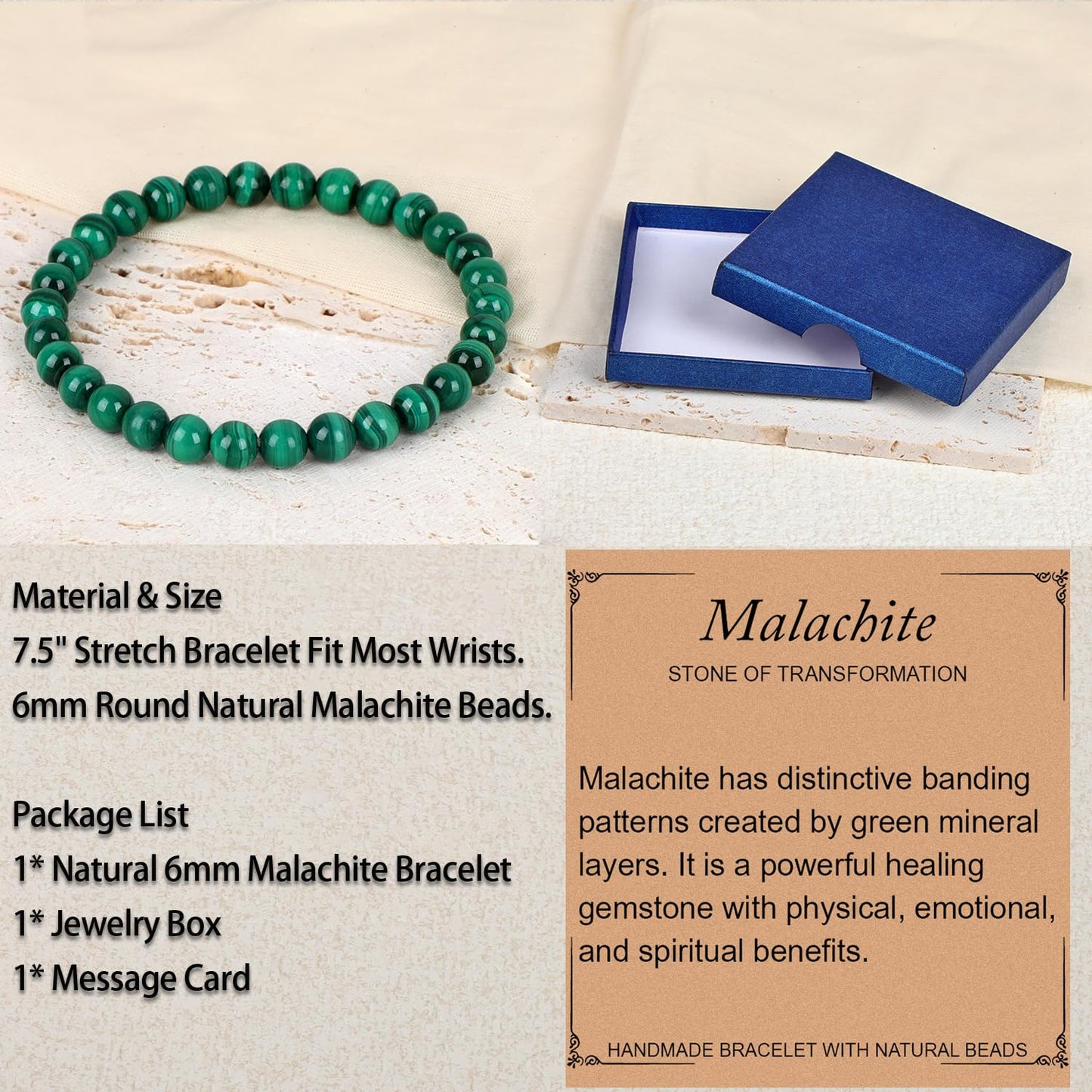 LPBeads Handmade Natural Gemstone Stretch Elastic 6mm Malachite Bracelet Healing Crystal Round Stone Beads Jewelry Gifts for Women Men