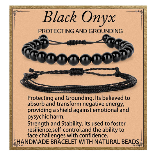 LPBeads 8mm Black Onyx Bracelet with Handmade Rope Bracelet Size Adjustable Natural Stone Crystal Healing Bracelets Gifts for Unisex Adults