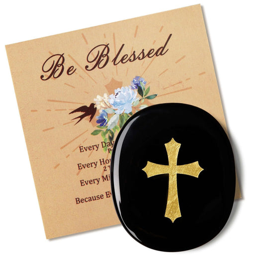 LAIDANLA Black Obsidian Cross Engraved Healing Crystal Worry Stones for Pray Faith Anxiety Relief Oval Palm Stone Polished Natural Crystal Gifts