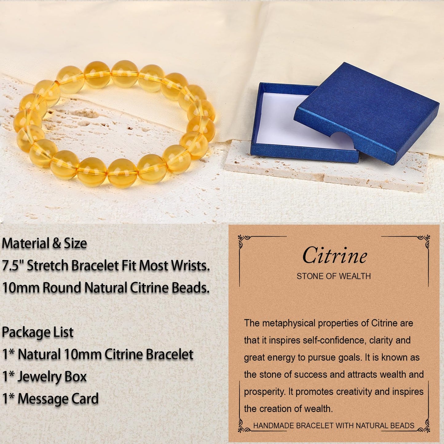 LPBeads Handmade Natural Gemstone Stretch Elastic 10mm Citrine Bracelet Healing Crystal Round Stone Beads Jewelry Gifts for Women Men