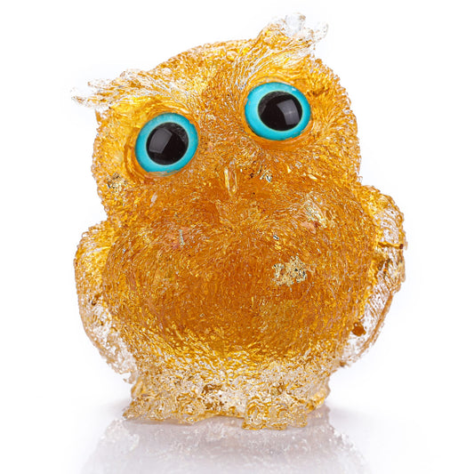 Reyife Hand-Carved Natural Crystal Owl Statue Reiki Healing Gemstone Animal Figurines Home Office Car Decoration The Best Gifts 2.4 inches(Gold)