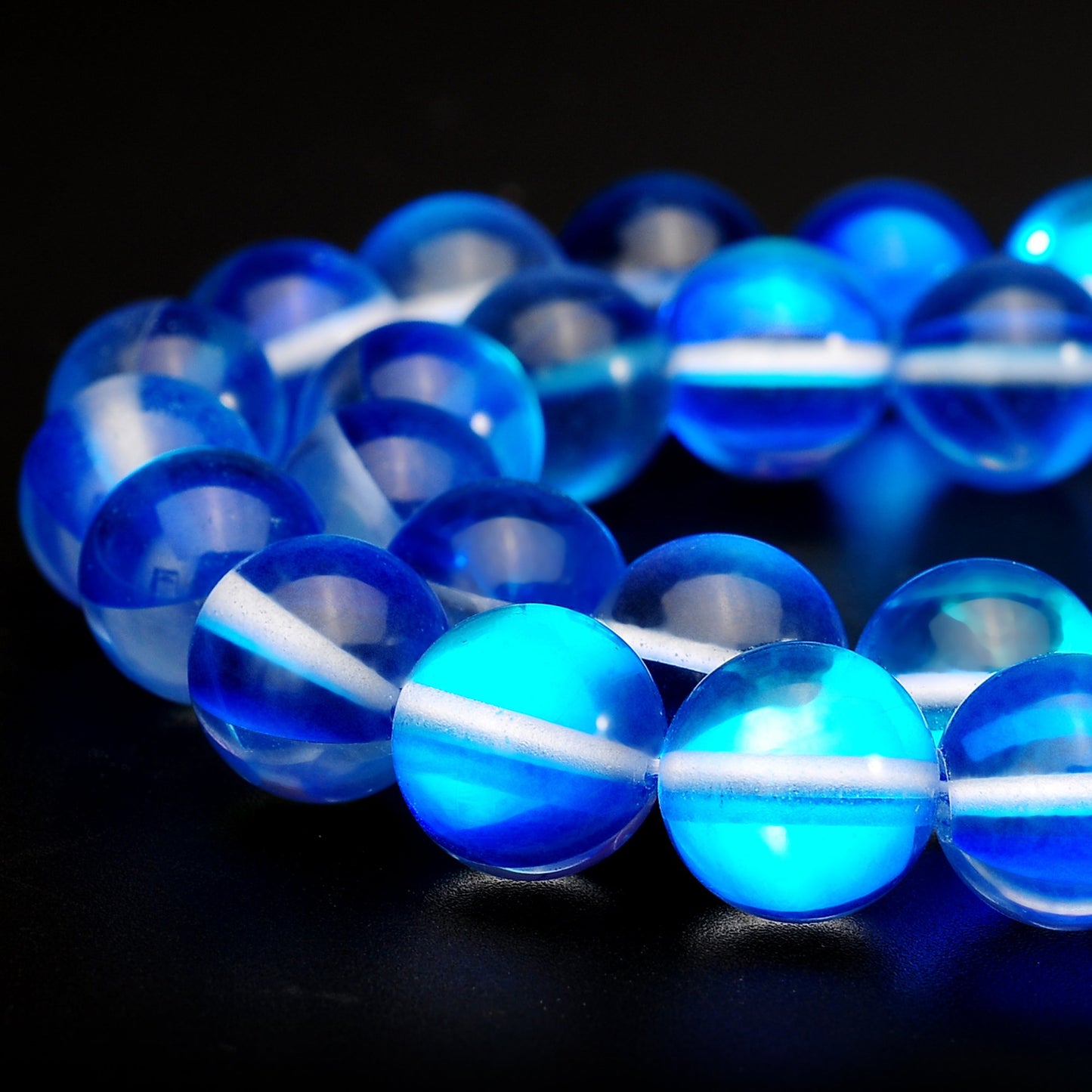 RUBYCA Round Moonstone Crystal Glass Beads Aura Iridescent for Jewelry Making (1 Strand, 6mm, Blue)