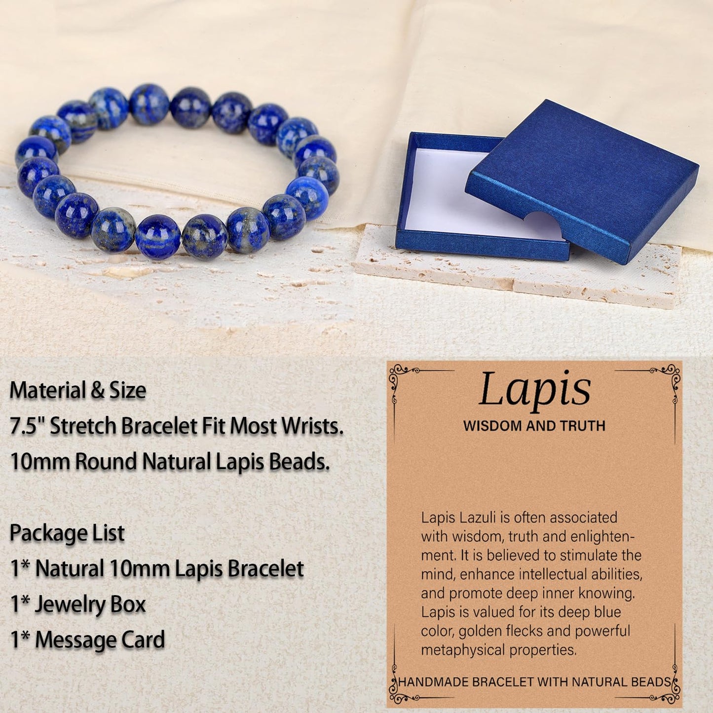LPBeads Handmade Natural Gemstone Stretch Elastic 10mm Lapis Lazuli Bracelet Healing Crystal Round Stone Beads Jewelry Gifts for Women Men