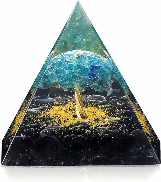 EternalOrgone Tree of Life Orgone Pyramid for Positive Energy, Orgonite Blue Quartz&Obsidian Healing Crystal Pyramids for Reduce Stress Chakra Reiki Healing Meditation Attracts Lucky and Success