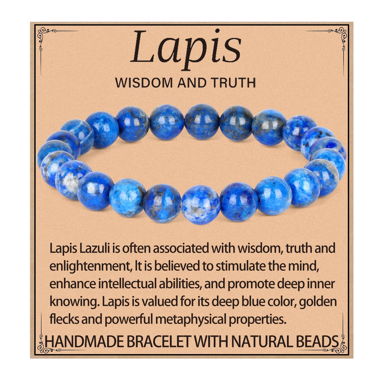 LPBeads Handmade Natural Gemstone Stretch Elastic 8mm Lapis Lazuli Bracelet Healing Crystal Round Stone Beads Jewelry Gifts for Women Men