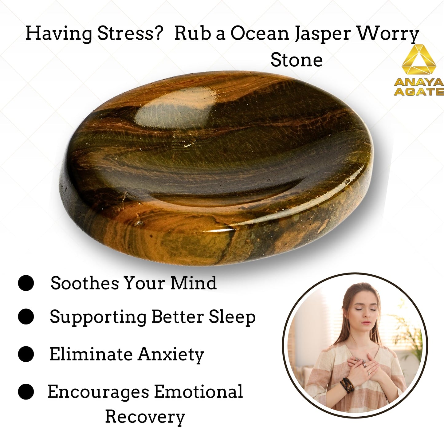 Anaya Agate Ocean Jasper Worry Stones Certified Crystal Thumb Worry Stone for Anguish, Relaxing and Soothing Balance Stones for Meditation, Stress Relief Crystals and Healing Stones for Men, Women