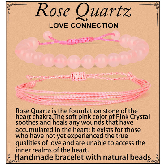 LPBeads 8mm Rose Quartz Bracelet with Handmade Rope Bracelet Size Adjustable Natural Stone Crystal Healing Bracelets Gifts for Unisex Adults