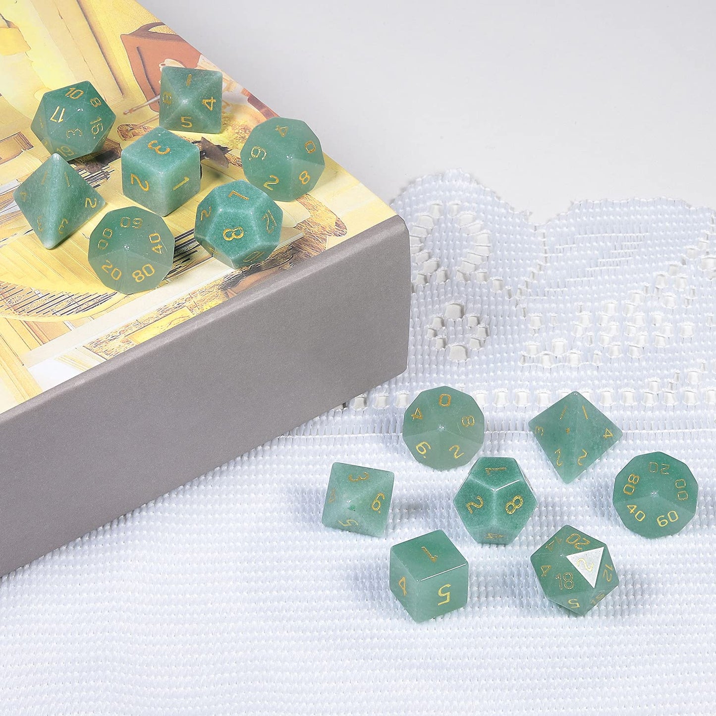 mookaitedecor 7 PCS Green Aventurine Crystal Polyhedral DND Dice Set, Polished Tumbled Stones Dices for RPG MTG Table Games Home Decoration