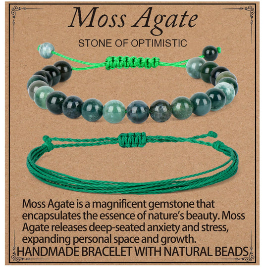 LPBeads 8mm Moss Agate Bracelet with Handmade Rope Bracelet Size Adjustable Natural Stone Crystal Healing Bracelets Gifts for Unisex Adults