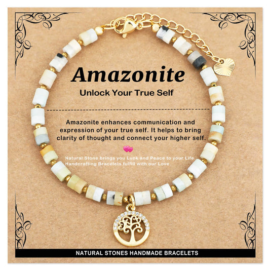 Natural Gemstone Healing Crystal Multicolor Amazonite Dainty Charms Tree of Life Bracelet Adjustable Chain Extender Minimalist Jewelry
