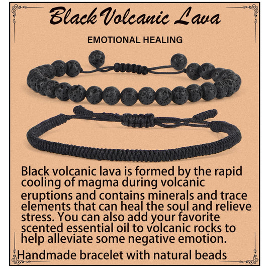 LPBeads 6mm Black Lava Bracelet with Handmade Rope Bracelet Size Adjustable Natural Stone Crystal Healing Bracelets Gifts for Unisex Adults