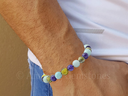 Amazing Gemstone Bracelet for Headaches and Migraines - Amazonite Serpentine Amethyst Bracelet Set for Men Women Healing Calming Anxiety Stress Relief Gifts Pulseras Para Hombres Mujer (Adjustable)