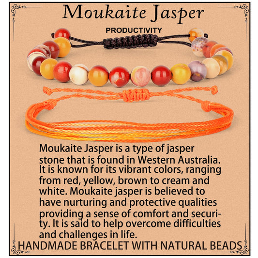 LPBeads 8mm Moukaite Jasper Bracelet with Handmade Rope Bracelet Size Adjustable Natural Stone Crystal Healing Bracelets Gifts for Unisex Adults