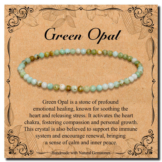 BONNY BOXX Natural Genuine Gemstone Faceted Round Beads Bracelets, 3mm Adjustable Stretchy Tiny Faceted Green Opal Bracelet, Healing Crystal Reiki Chakra Dainty Jewelry Fashion Gifts