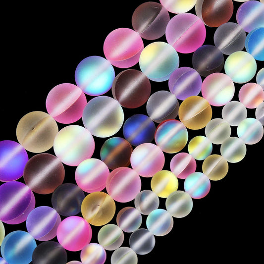 Matte Mixed Color Aurora Crystal Glass Beads, 8MM Frosted Glitter Shining Mermaid Round Loose Beads, Rainbow Holographic Synthetic Moonstone for Jewelry Making DIY Bracelet