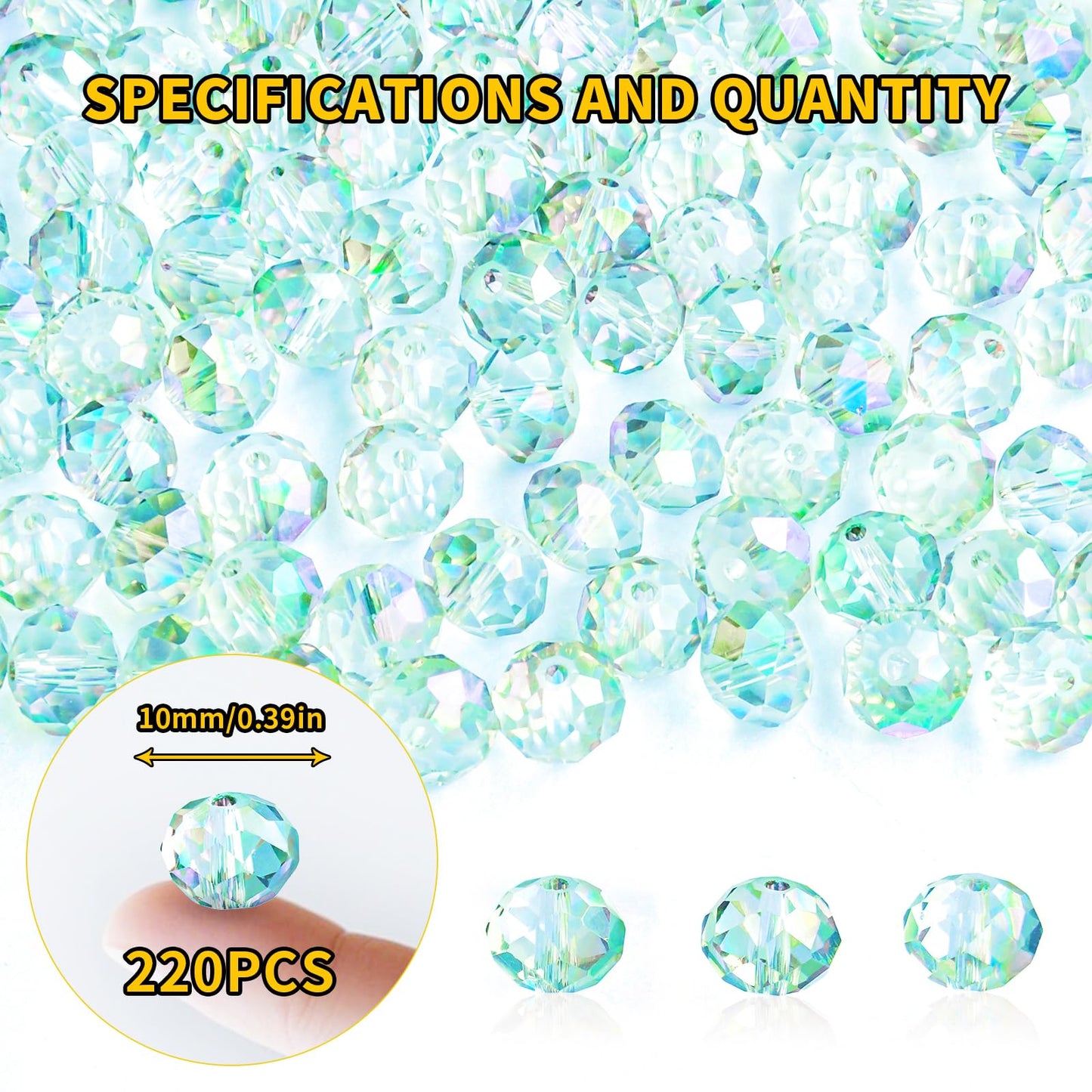 Laopottbeads 220Pcs 10mm Crystal Glass Beads for Jewelry Making Beads for Bracelets Necklace Pendants Making Supplies(Light Blue Green)