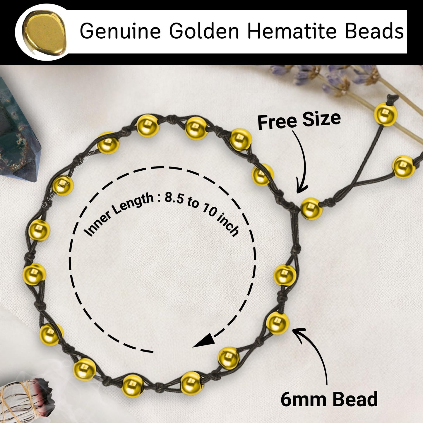 Amazing Gemstone Golden Hematite Anklet Ankle Bracelets for Women - Waterproof Beaded Healing Crystal Anklets, Plus Size Chakra Gemstone Bead Anklet (Stretchy Adjustable - Hand Knotted)